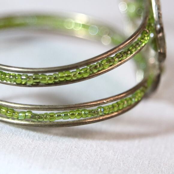Filagree Cuff Bracelet Silver Tone Green Stones and Beads - Picture 9 of 11